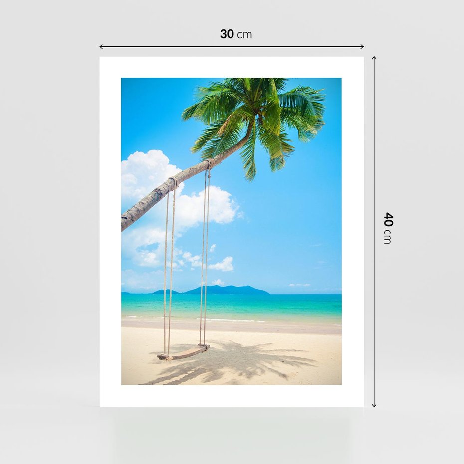 Plakat bez ramy 30x40 - Hawajska palma i huśtawka na plaży - palma, huśtawka