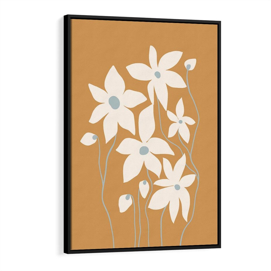 Obraz w ramie 70x100 - Kwiatowy Spektakl - minimalistyczne kwiaty, na pomarańczowym tle - rama czarna