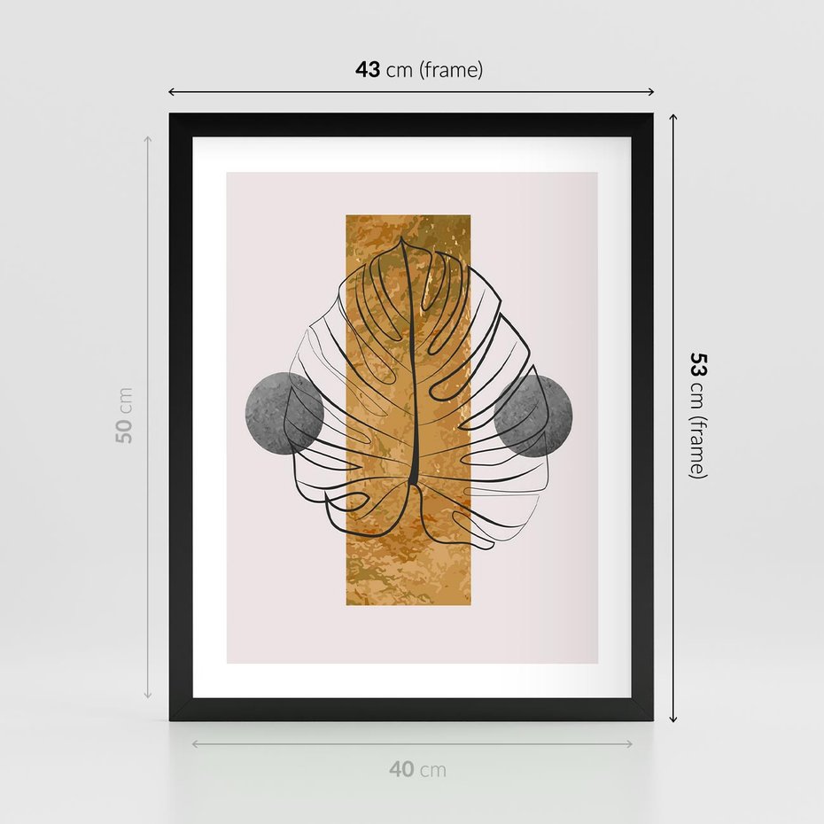 Plakat w ramie 40x50 - Minimalistyczna Monstera: Złoty Prostokąt - liść monstery, minimalizm - rama czarna