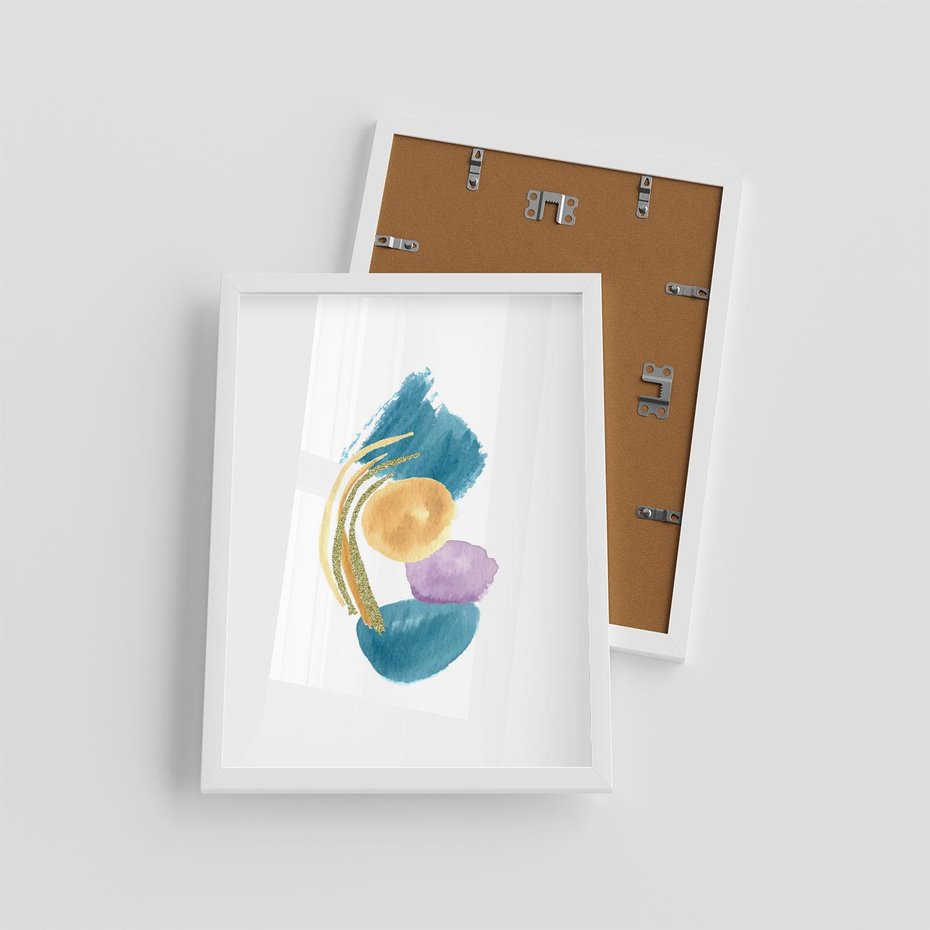 Plakat w ramie 30x40 - Migocące Barwy Akwarel - akwarelowe plamy w odcieniach błękitu, złote kreski - rama biała