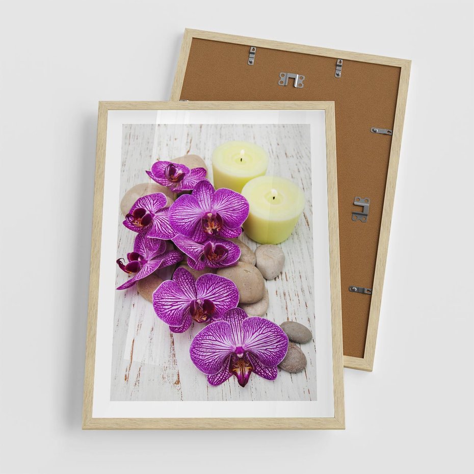 Plakat w ramie 50x70 - Relaksujące spa w otoczeniu orchidei - spa, świece - rama drewno