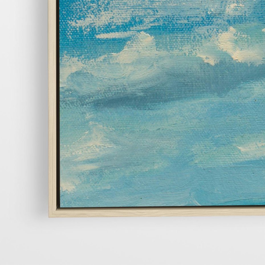 Obraz w ramie 80x80 - Oddechy niebiańskiej materii - olejny obraz, smugi farby przypominają obłoki na błękitnym niebie - rama drewno