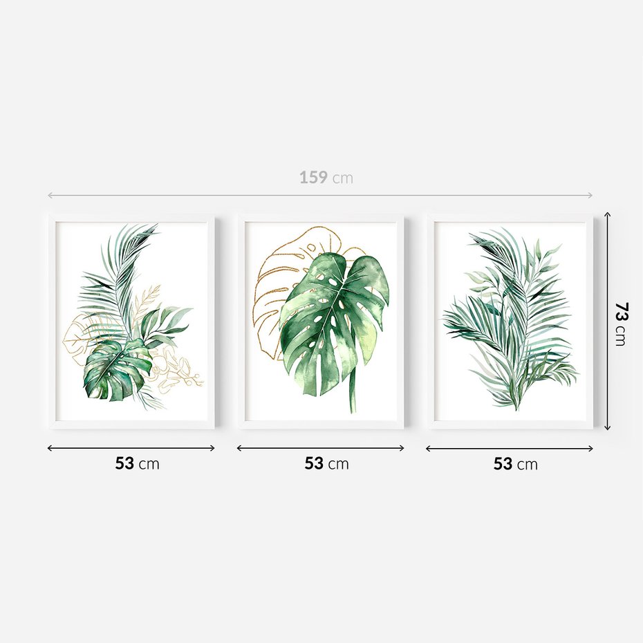 Zestaw obrazy w ramie 50x70 galeria - Liście, monstera, palma, złote, akwarela - rama biała
