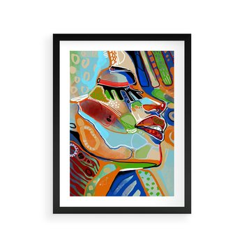 Plakat w ramie 50x70 - Kolorowe Wnętrza Kształtów - abstrakcyjny portret kobiety, twarz - rama czarna