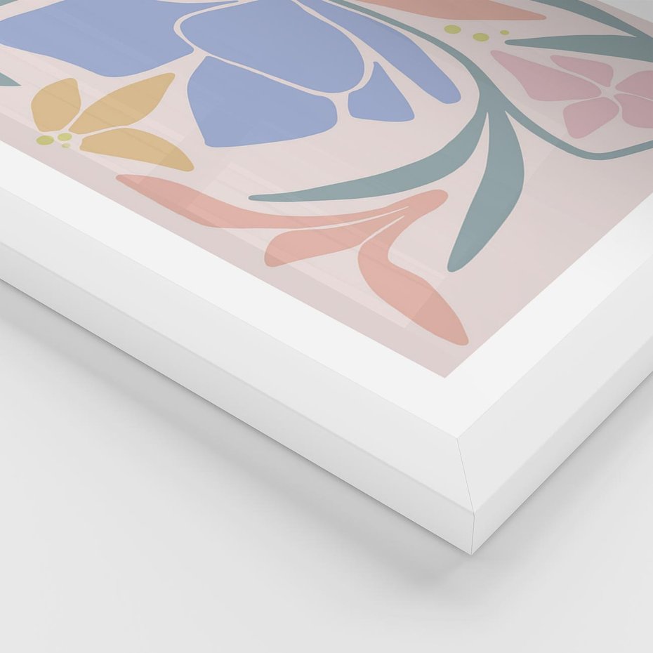 Plakat w ramie 30x40 - Pastele Kwiatowych Plam - pastelowe kwiaty, na beżowym tle - rama biała