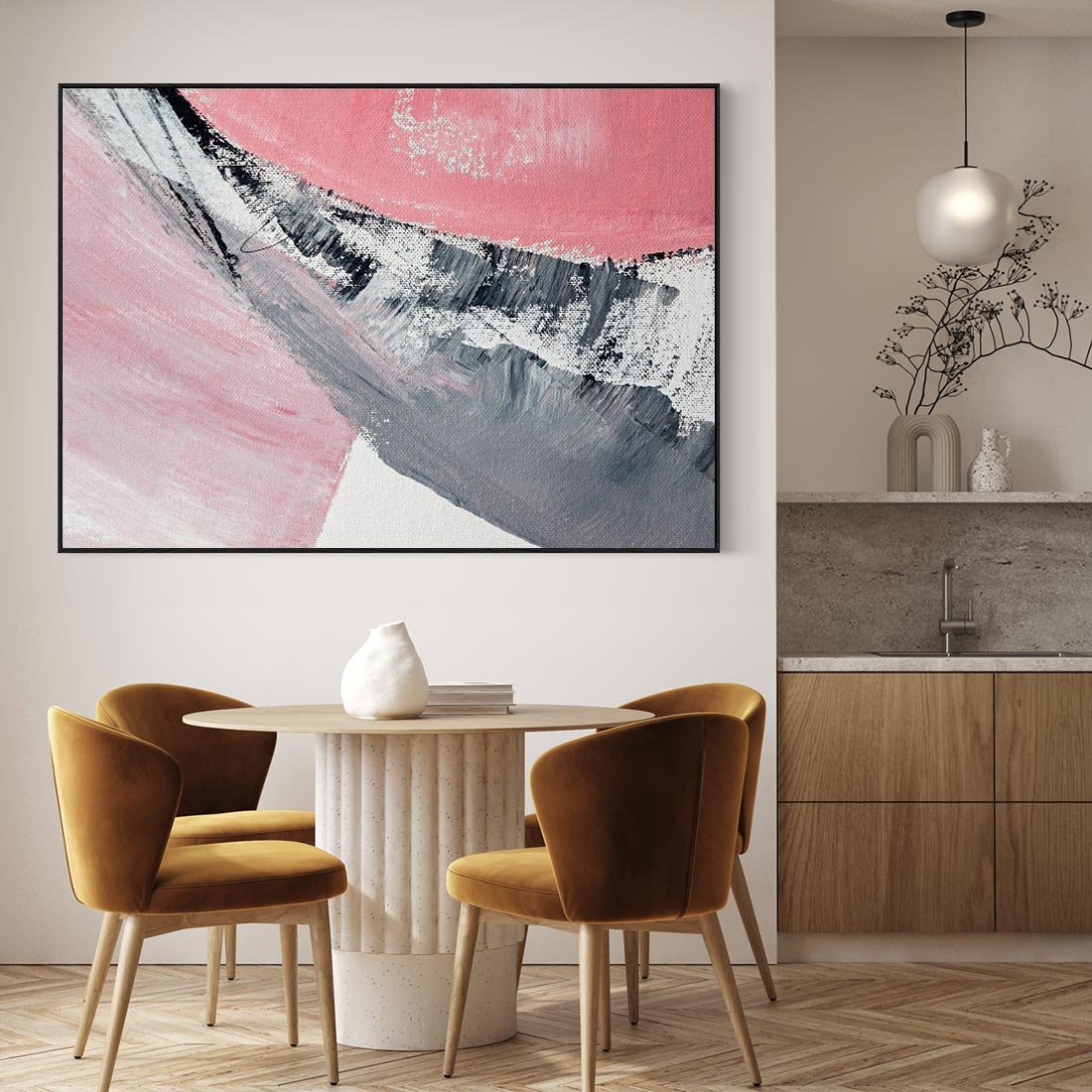 Obraz w ramie 100x70 - Kontrastujący Ruch Emocji - abstrakcyjne pasy farby, kolory róż szary czarny - rama czarna