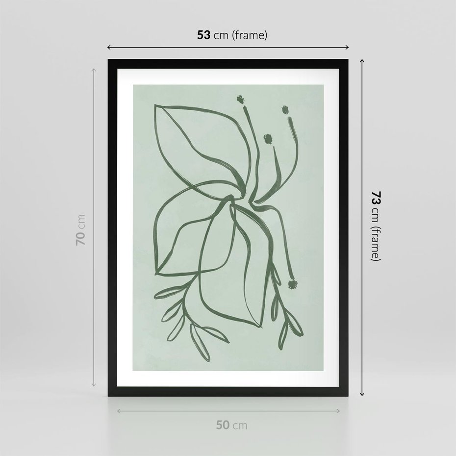 Plakat w ramie 50x70 - Energetyczne Odrodzenie Natury - abstrakcyjne delikatne zielone linie, podobne do gałęzi kwiatów - rama czarna