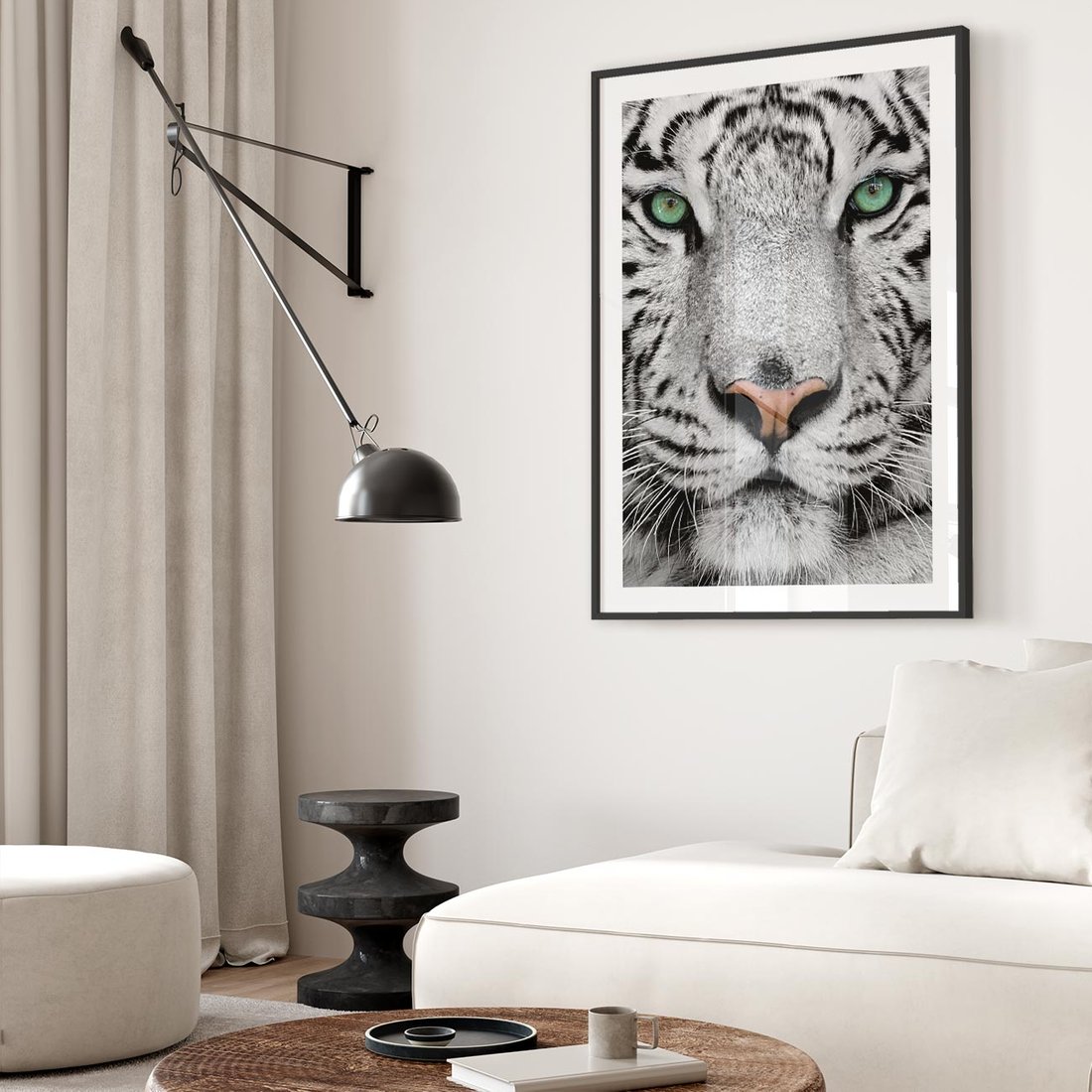 Plakat w ramie 30x40 - Magia Białego Tygrysa - biały, tygrys - rama czarna