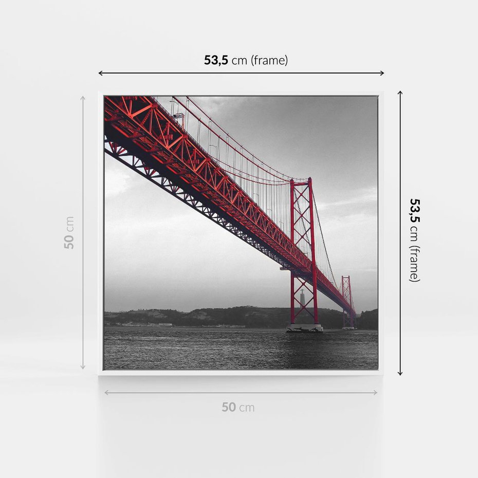 Obraz w ramie 50x50 - Majestatyczny Most - czarno biała fotografia, czerwony stalowy most nad rzeką - rama biała