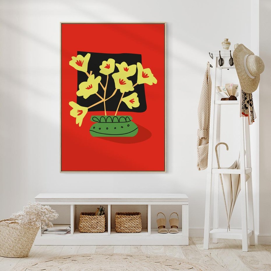 Obraz w ramie 80x120 - Abstrakcyjne Przenikanie - abstrakcyjne kwiaty, czerwone tło - rama drewno