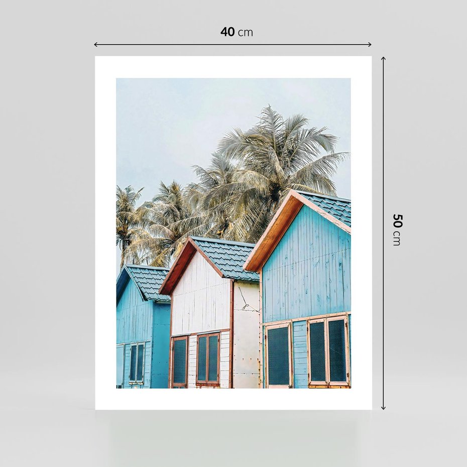 Plakat bez ramy 40x50 - Rajskie Wakacje - domki na plaży, błękitne domki