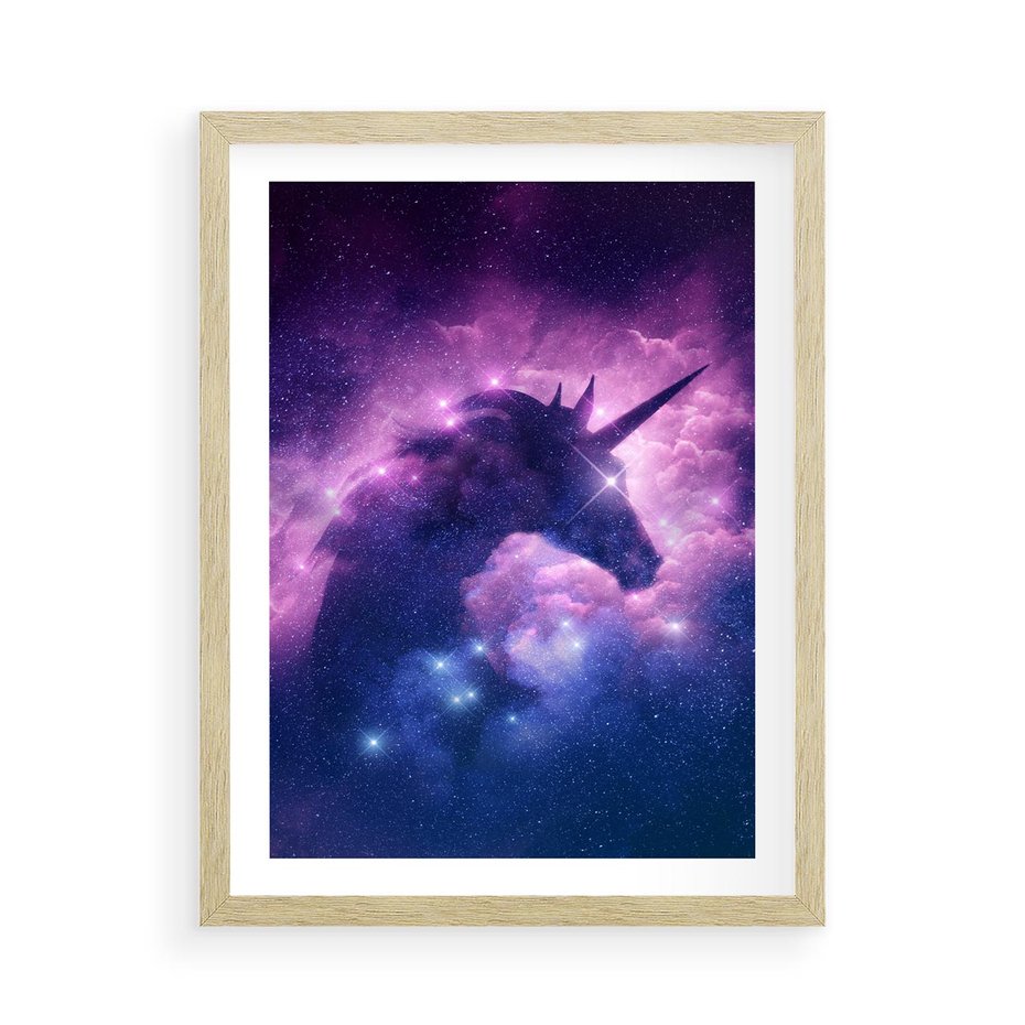 Plakat w ramie 50x70 - Mityczna podróż - kosmos, jednorożec - rama drewno