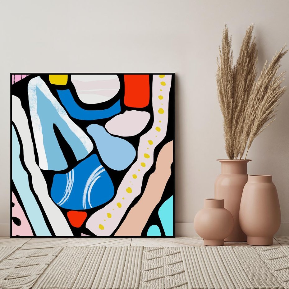 Obraz w ramie 50x50 - Kolory Na Czerni - abstrakcyjne formy, komiksowy styl - rama czarna