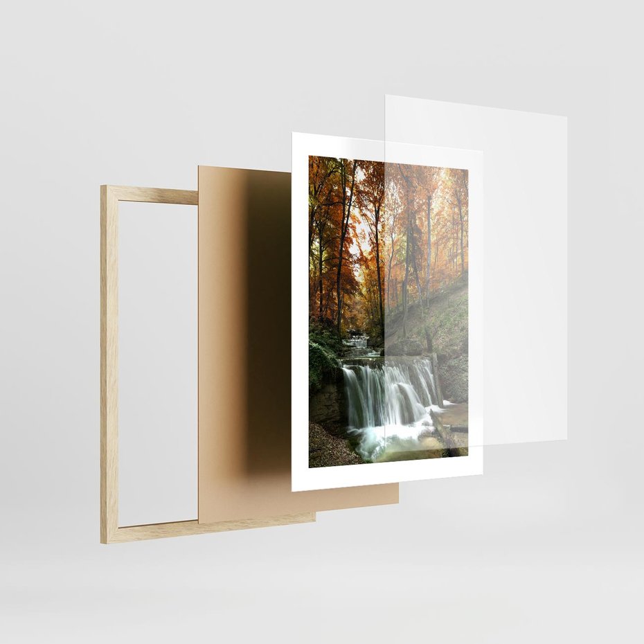 Plakat w ramie 30x40 - Jesienny wodospad w lesie - wodospad, las - rama drewno