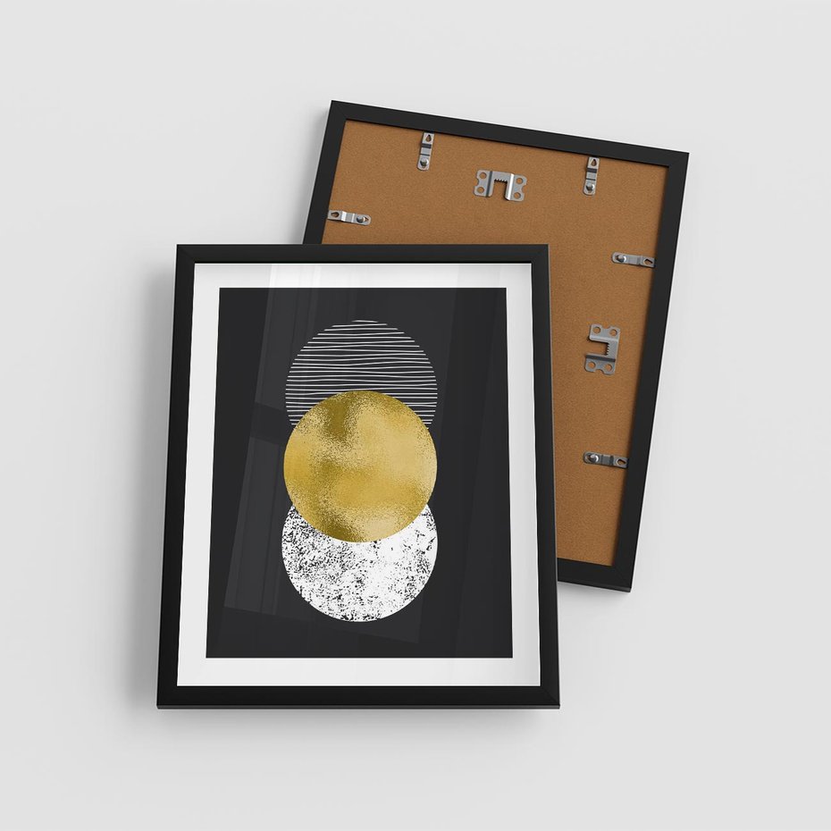 Plakat w ramie 40x50 - Geometryczna Perfekcja: Złote Koło - geometryczna grafika, złote koło - rama czarna