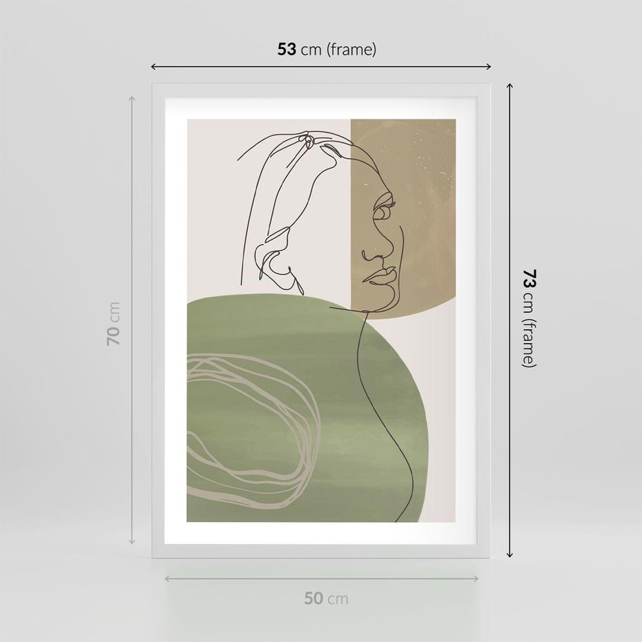 Plakat w ramie 50x70 - Jedna Linia, Wiele Emocji - akwarelowe plamy, na nich szkic postaci kobiety jedną linią - rama biała
