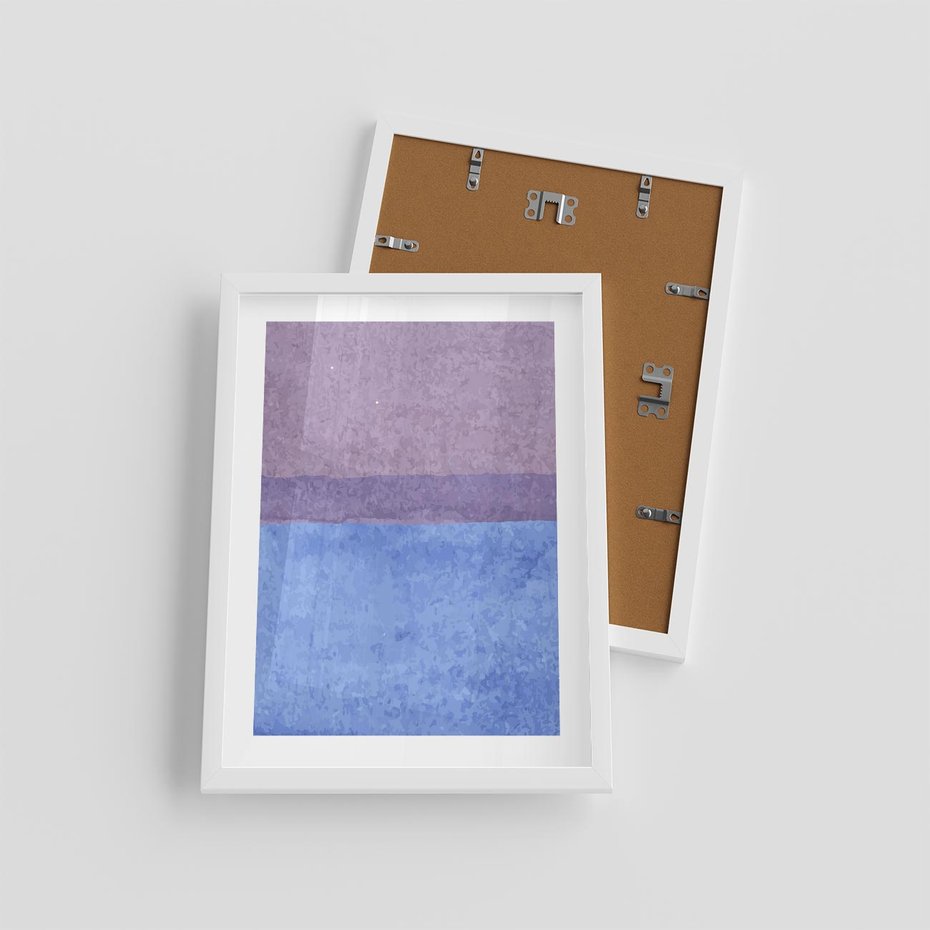 Plakat w ramie 30x40 - Taniec Światła - kolorowe akwarelowe pasy, odcienie fiolet - rama biała