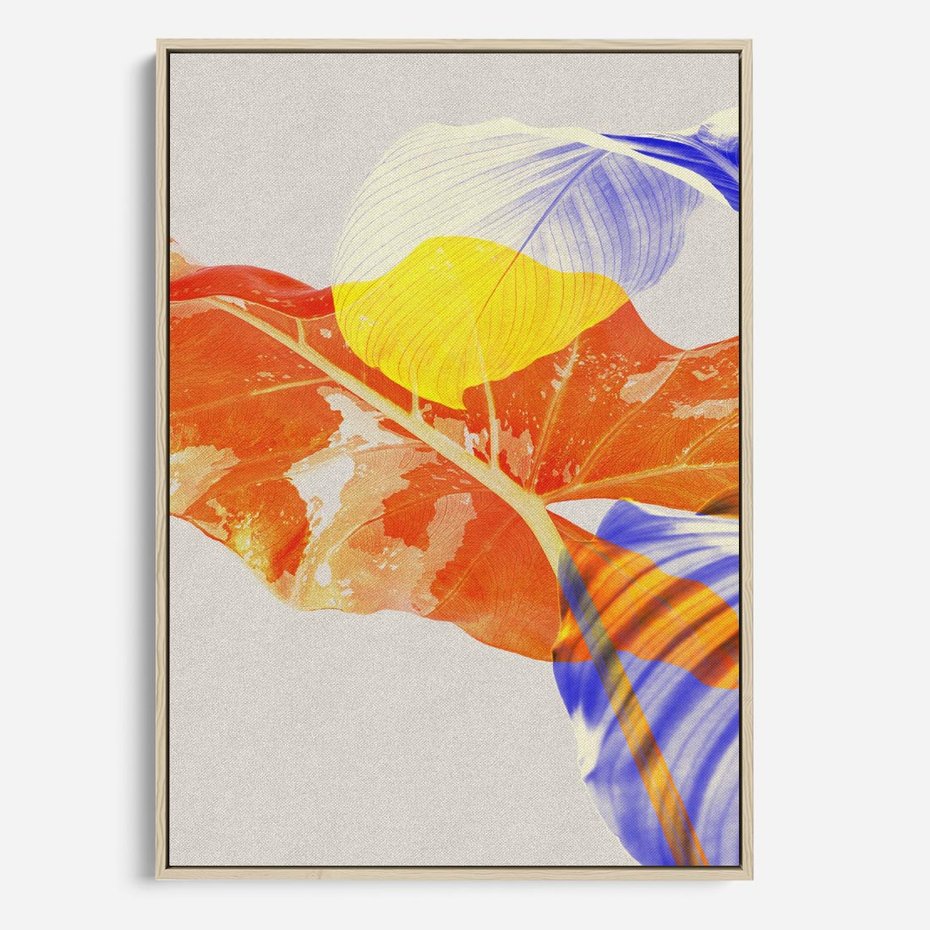 Obraz w ramie 80x120 - Energetyczne Indygo - retro, tropikalne liście - rama drewno