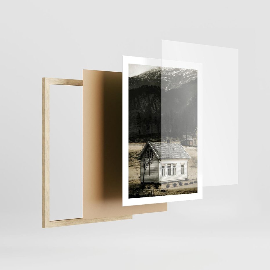 Plakat w ramie 50x70 - Ciepło i Urok Górskiego Domku - domek w górach, sepia - rama drewno