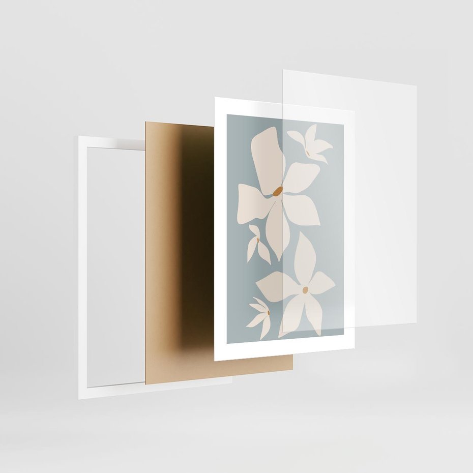 Plakat w ramie 30x40 - Błękit Kwiatów - kwiaty, nowoczesne i minimalistyczne - rama biała