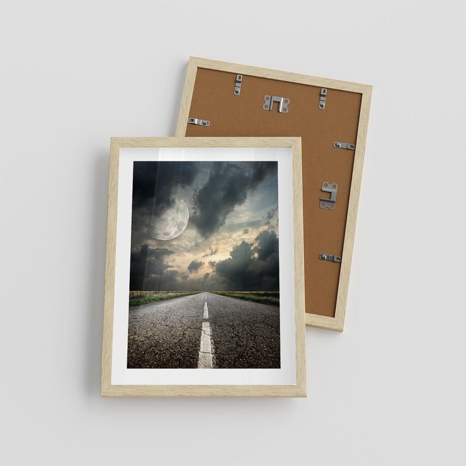 Plakat w ramie 30x40 - magia nocnej drogi - droga, księżyc - rama drewno