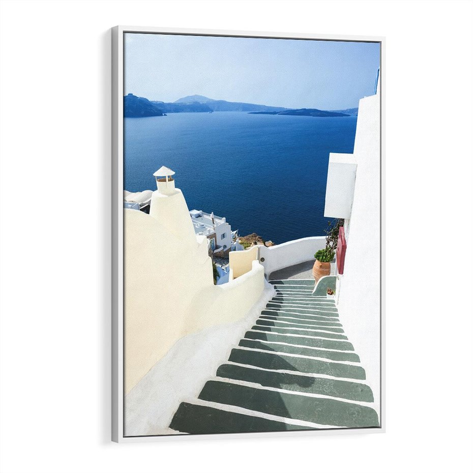 Obraz w ramie 50x70 - Malowniczy urok wyspy - Santorini, schodki - rama biała