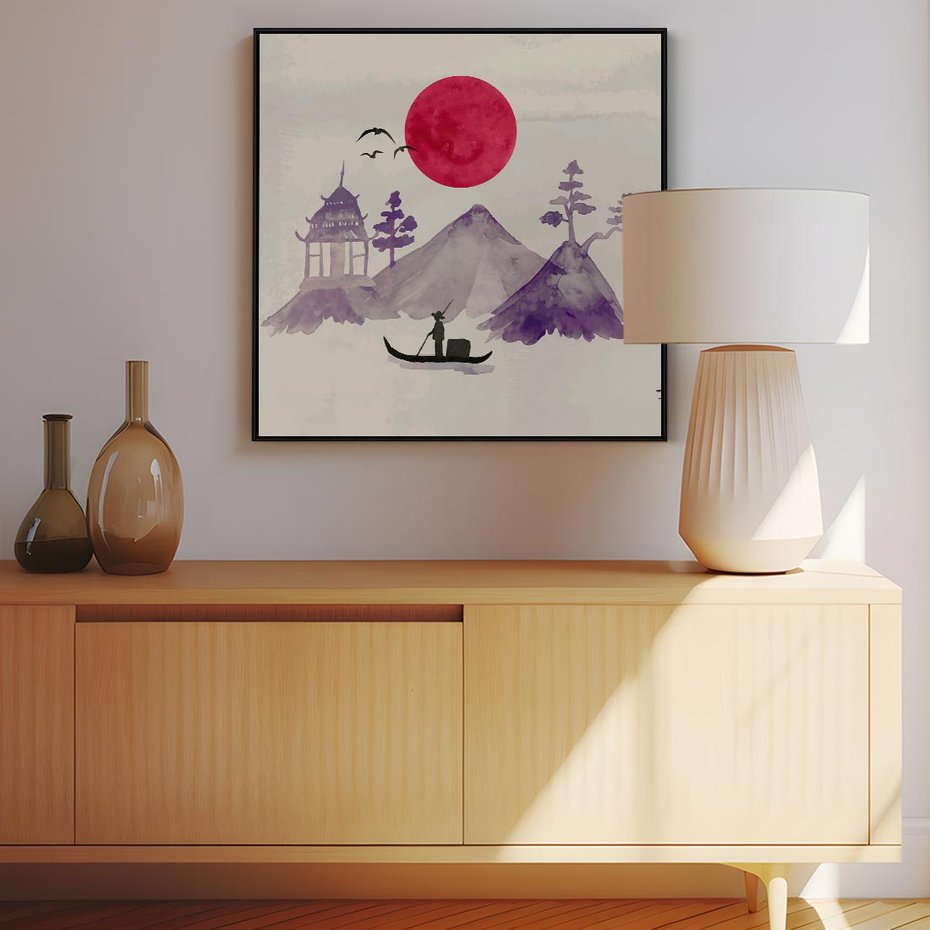 Obraz w ramie 50x50 - Odbicie Słońca - japońska sztuka, akwarela - rama czarna