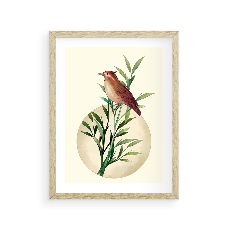 Plakat w ramie 30x40 - Rozkwitająca Delikatność - japońska sztuka, ptak - rama drewno