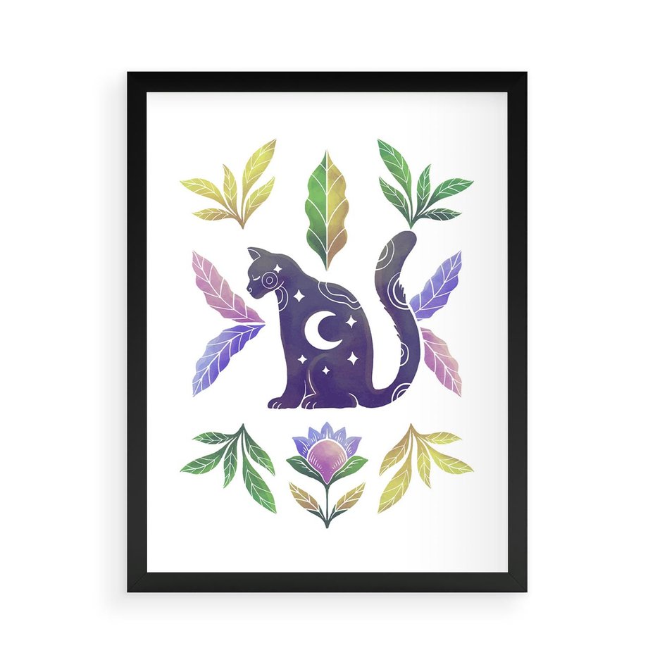 Plakat w ramie 50x70 - Migotliwa Przestrzeń - boho kot, plakat - rama czarna