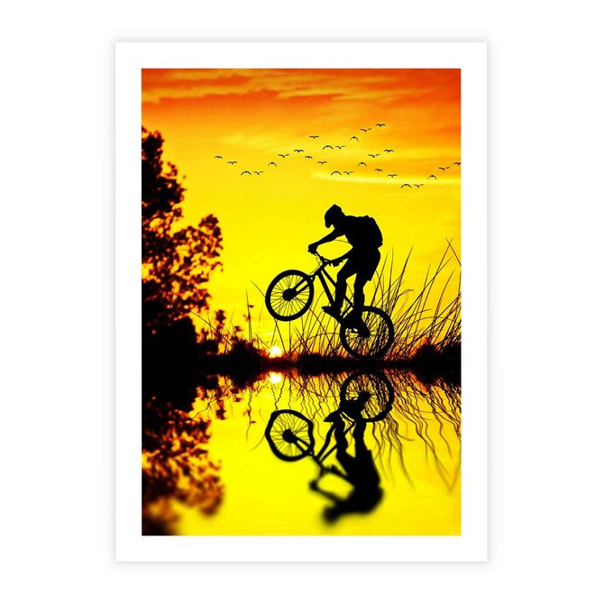 Plakat bez ramy 21x30 - Rower przy zachodzie słońca - rower, zachód