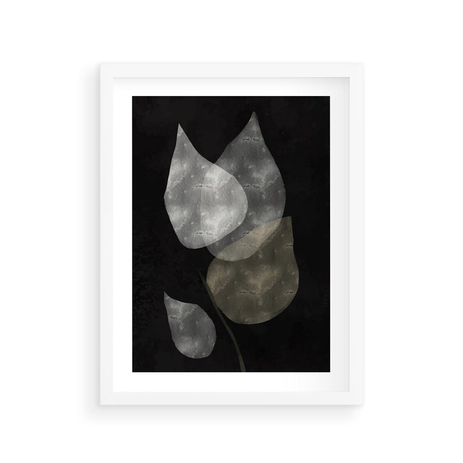 Plakat w ramie 30x40 - Mroczne Złudzenia - abstrakcyjne liście, mroczna atmosfera - rama biała