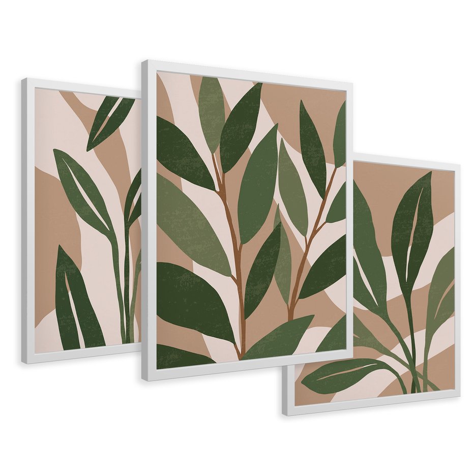 Zestaw obrazy w ramie 50x70 galeria - Liście, graficzne, boho - rama biała