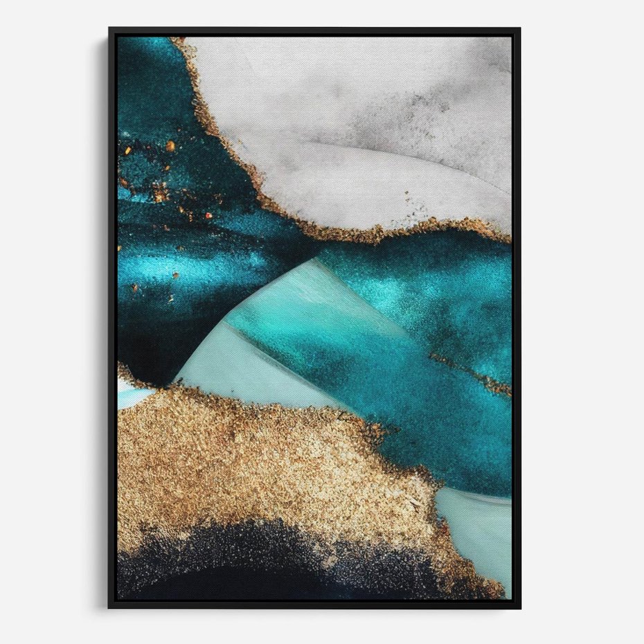 Obraz w ramie 70x100 - Rozlane Turkusy - Turkusowe plamy, złote elementy - rama czarna