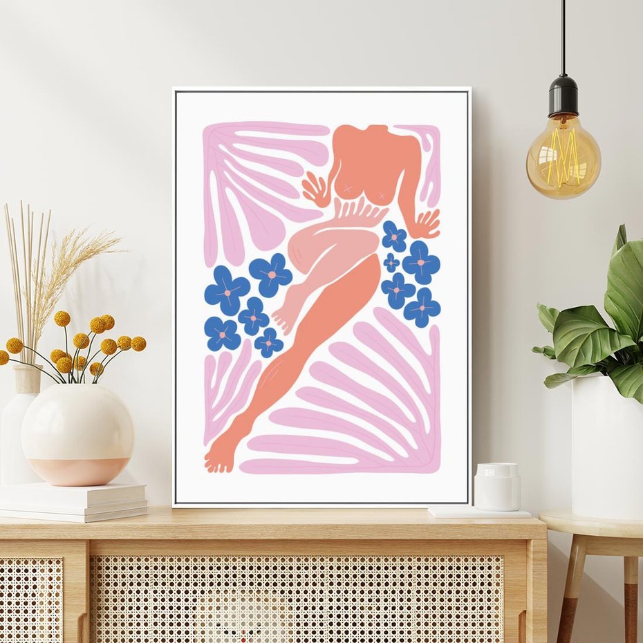 Obraz w ramie 80x120 - Opowieść Ognistych Rytów - nowoczesny kobiecy akt, graficzne kształty - rama biała