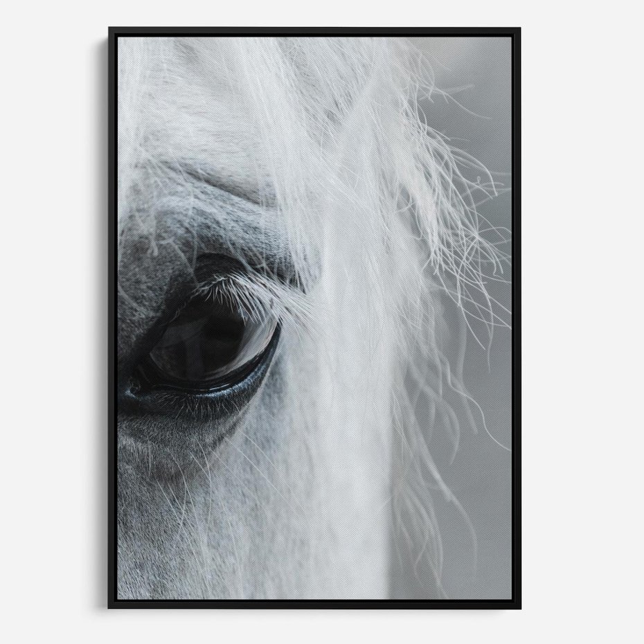 Obraz w ramie 70x100 - Oko Mocy - czarno białe zdjęcie, zbliżenie makro na oko konia - rama czarna