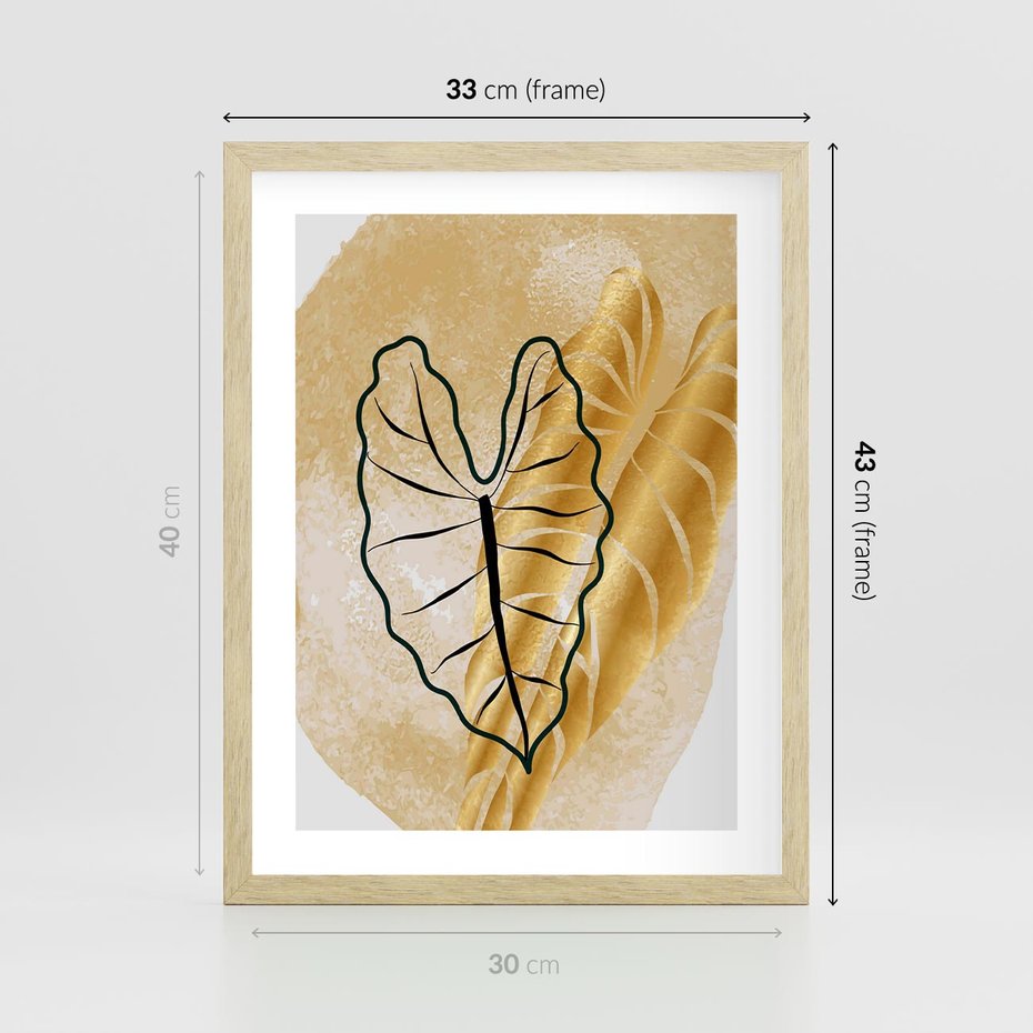 Plakat w ramie 30x40 - Monstera w Złocie - złote liście monstery, grafika - rama drewno