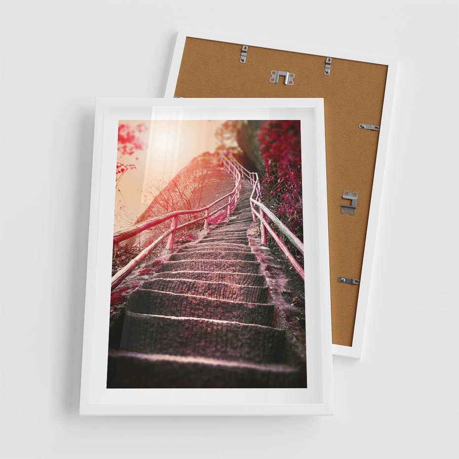 Plakat w ramie 50x70 - Schody prowadzące do nieznanych ścieżek - schody, ścieżka - rama biała