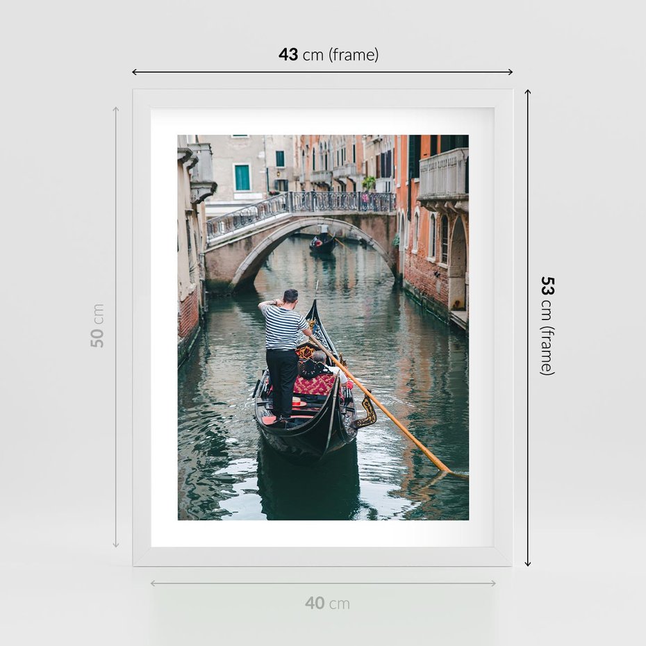 Plakat w ramie 40x50 - Kanały Wenecji - gondola, Wenecja - rama biała