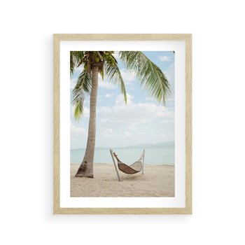 Plakat w ramie 30x40 - Relaks na plaży - palma, hamak - rama drewno