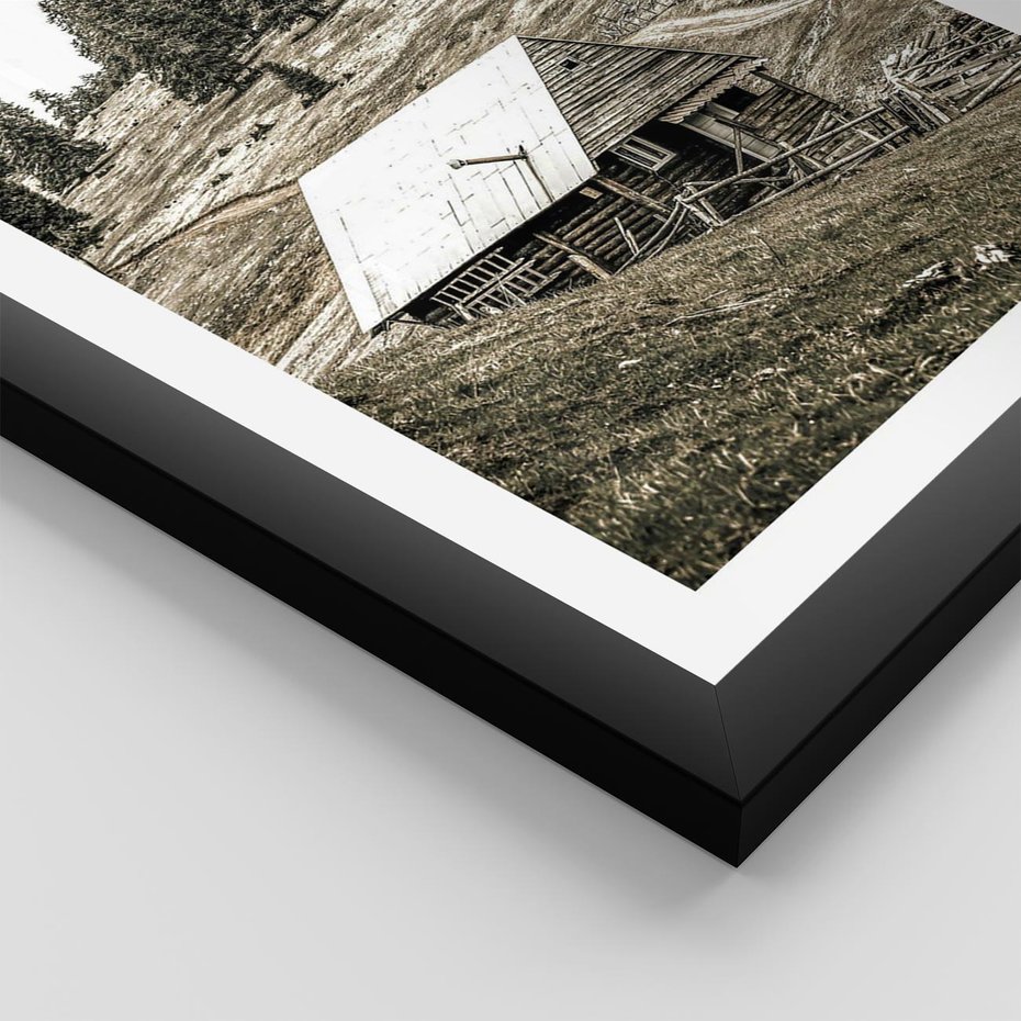 Plakat w ramie 40x50 - Ustronne Chatki w Górach - rustykalne domki w górach, sepia - rama czarna