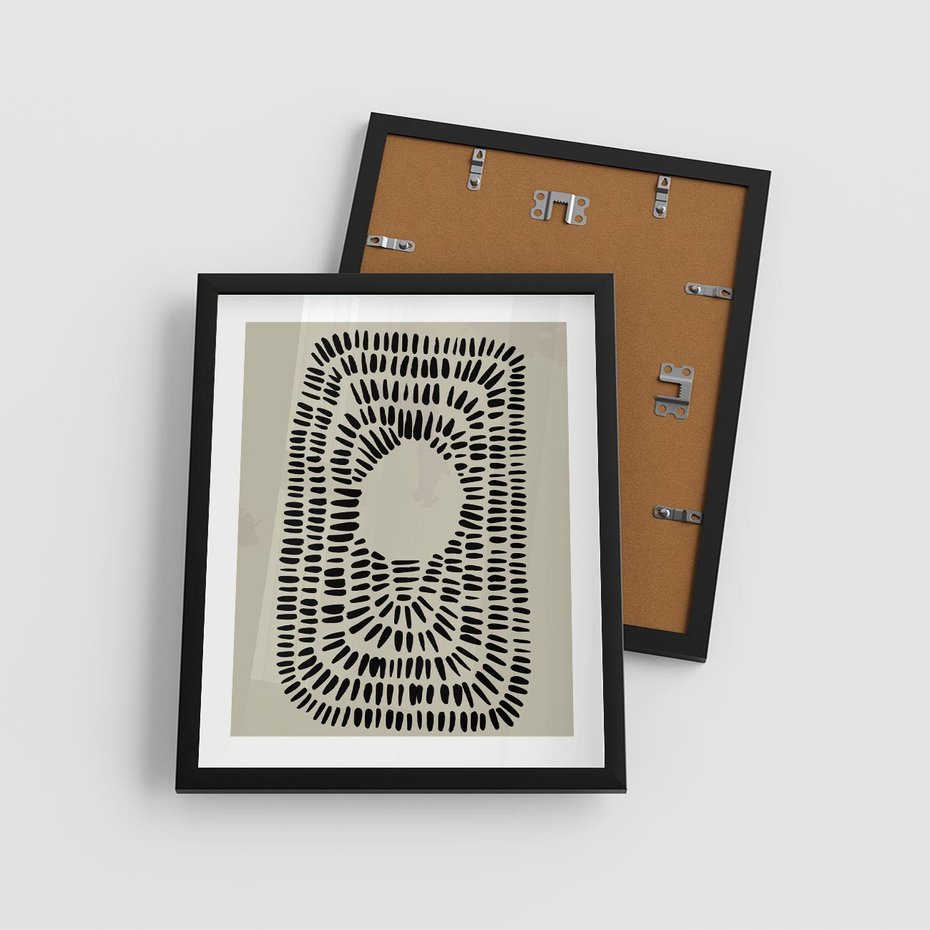 Plakat w ramie 40x50 - Zaklęte Wnętrza - boho plakat, czarne kropki kreski - rama czarna