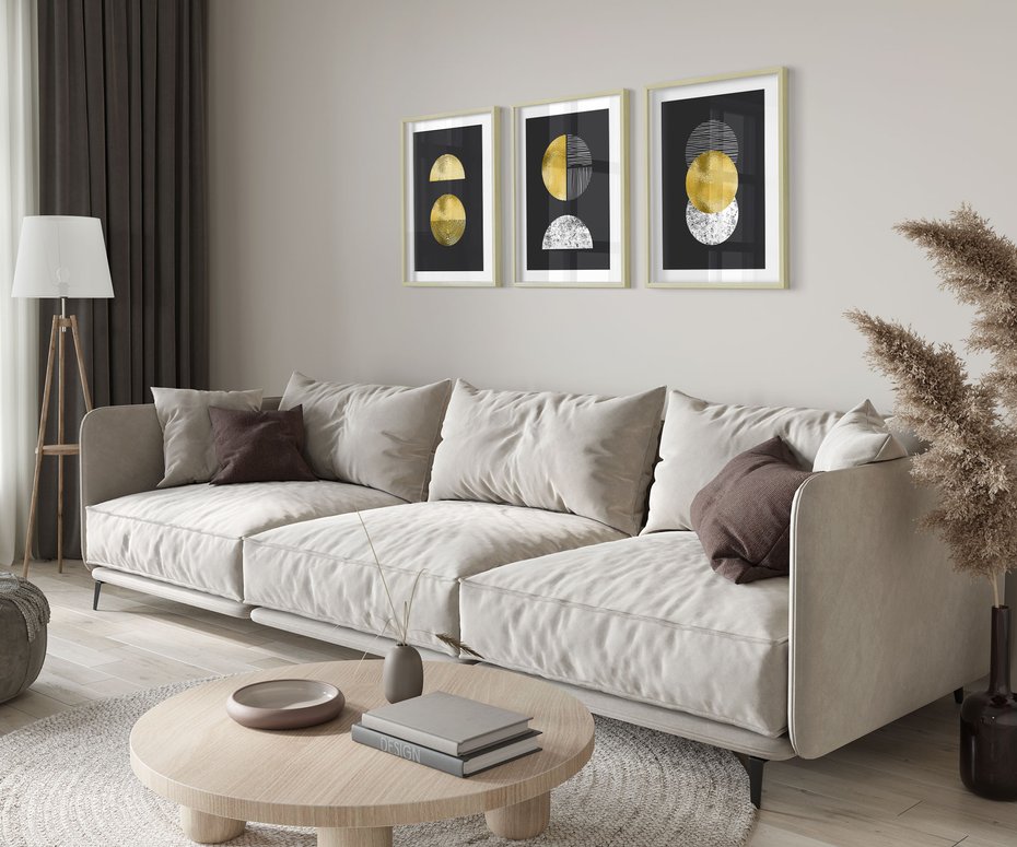 Zestaw obrazy w ramie 30x40 galeria - Złoto, minimalizm, geometryczne - rama drewno