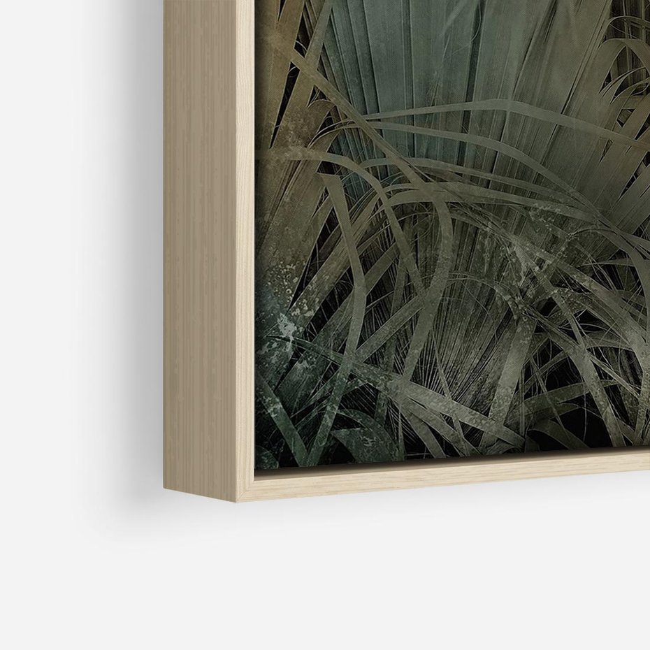 Obraz w ramie 50x50 - Światło w mroku duszy - liście traw, mroczny klimat - rama drewno