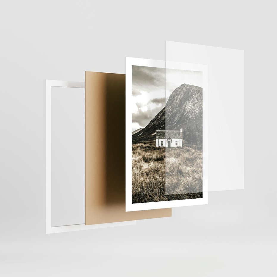 Plakat w ramie 50x70 - Biały Domek w Sepii: Wiejski Urok - domek w górach, kolory sepii - rama biała