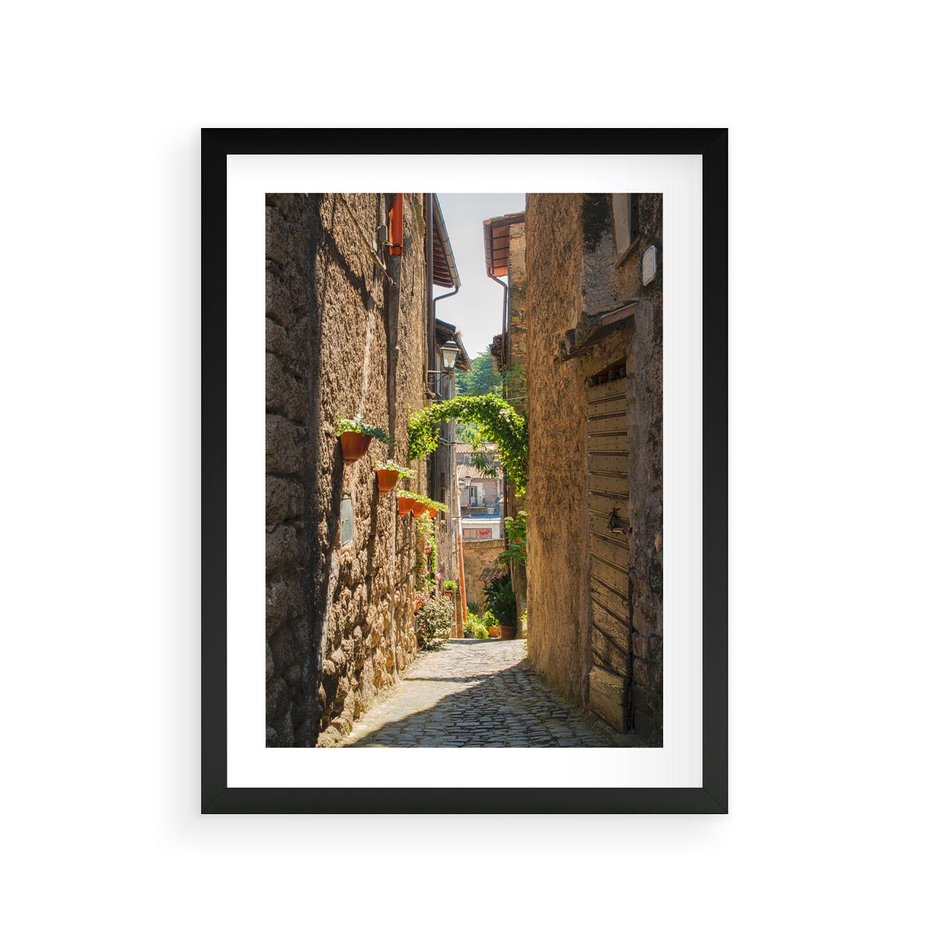 Plakat w ramie 30x40 - Włoska uliczka w perspektywie - Włochy, uliczka - rama czarna