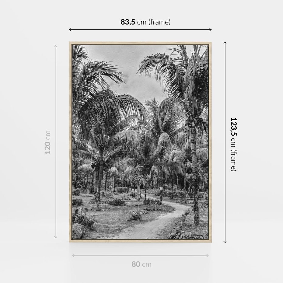 Obraz w ramie 80x120 - Mroczna Ścieżka Tropików - czarno biała fotografia, ścieżka pośród palm - rama drewno