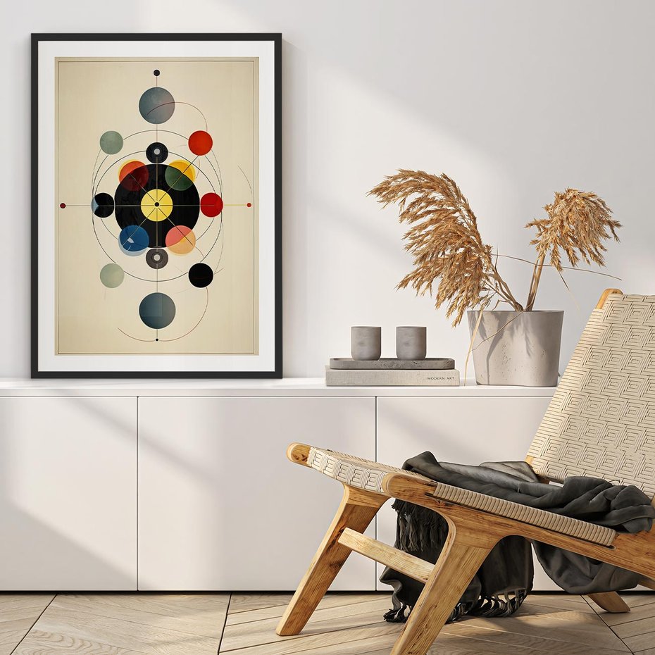 Plakat w ramie 40x50 - Bezgraniczny Taniec Światła - abstrakcyjna geometryczna kompozycja, koła linie - rama czarna