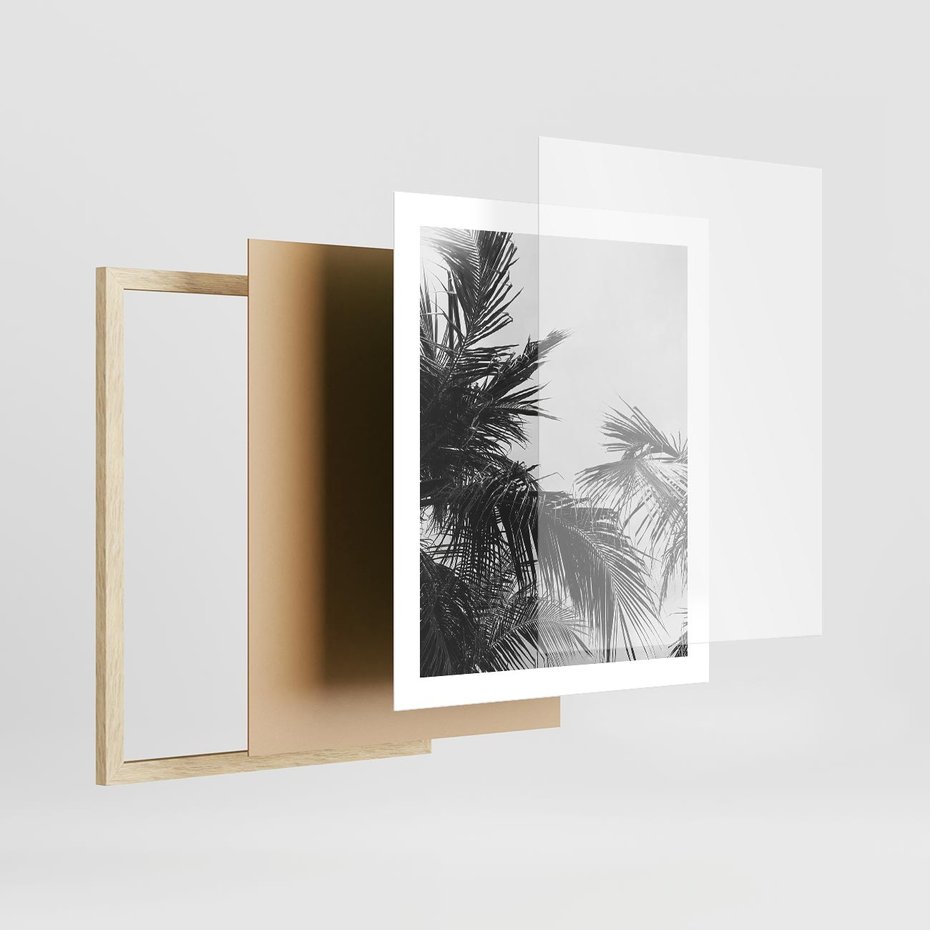 Plakat w ramie 40x50 - Palmy w Monochromii - palmy, tropikalne palmy - rama drewno