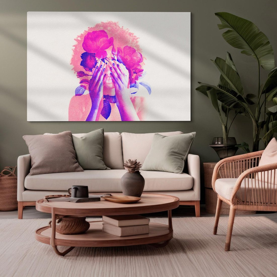 Obraz na płótnie 70x50 - Kwiaty we Włosach - różowa postać, grafika