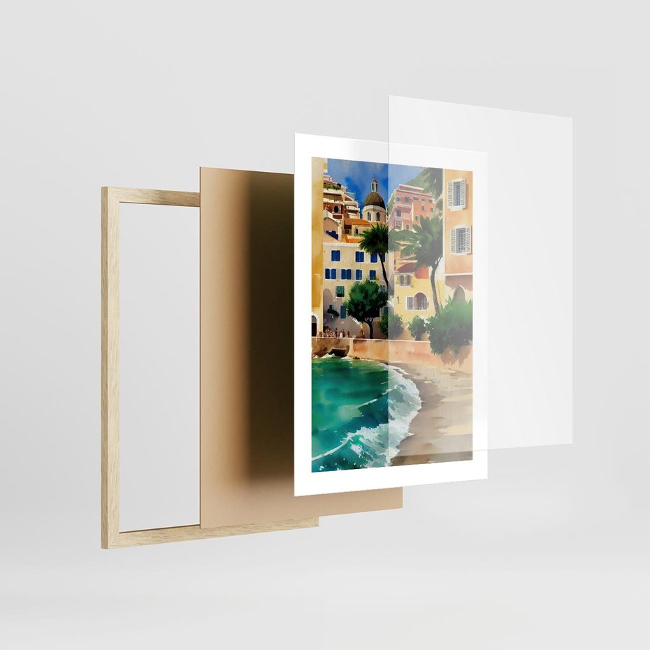 Plakat w ramie 30x40 - Zamieszkajmy Tu - akwarela, śródziemnomorski klimat - rama drewno